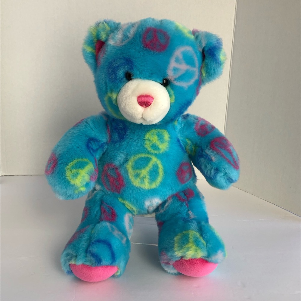 Build A Bear PEACE Friendship Teddy Bear Aqua Blue Colorful Collectible Bear 17"